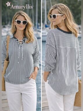 Amaryllis Black White Striped Blouse Lace Up Neck Nautical Coastal Top Size M